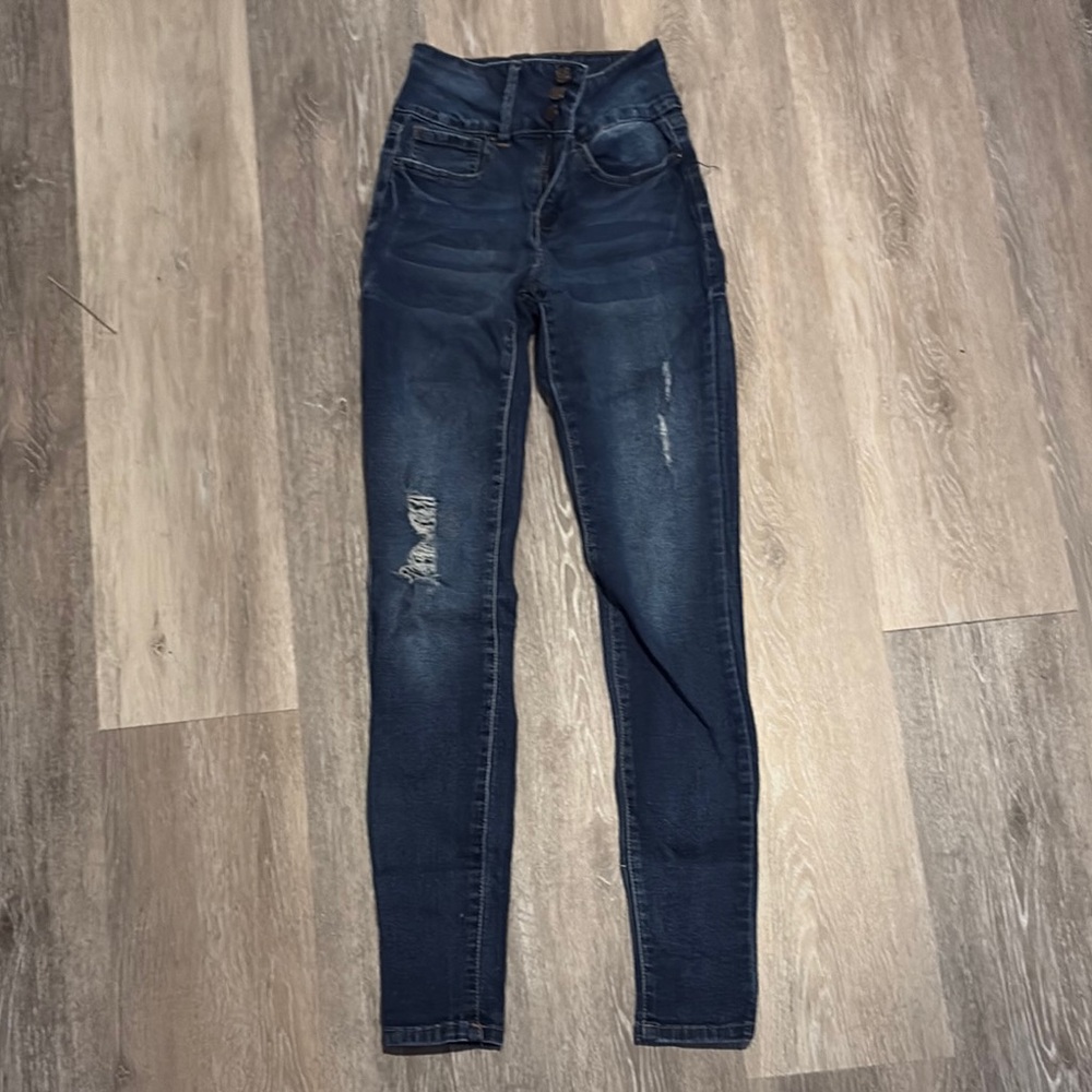 YMI Blue High Rise Skinny Jeans with Distressed Details